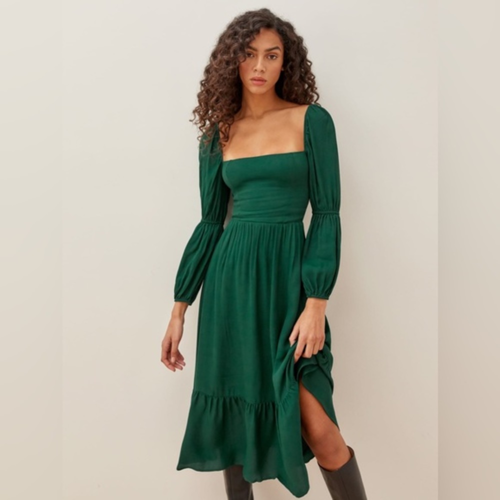 Reformation‎ Mica Emerald Green Long Sleeve Square Neck Midi Dress NWT 2